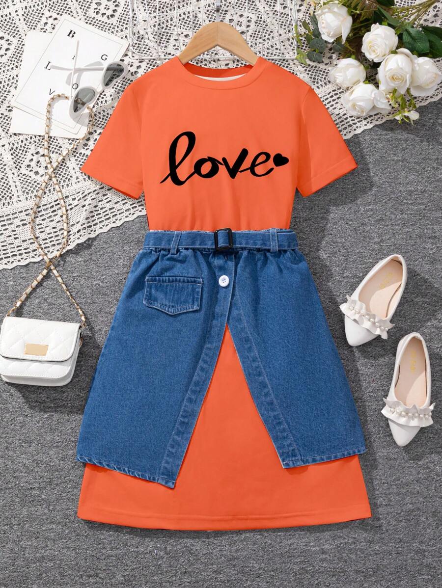 SHEIN Tween Girls' Knitted Printed Dress - Orange - View 1