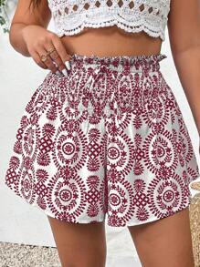 Breezaya Plus Floral Print Paperbag Waist Shorts - Burgundy - View 1