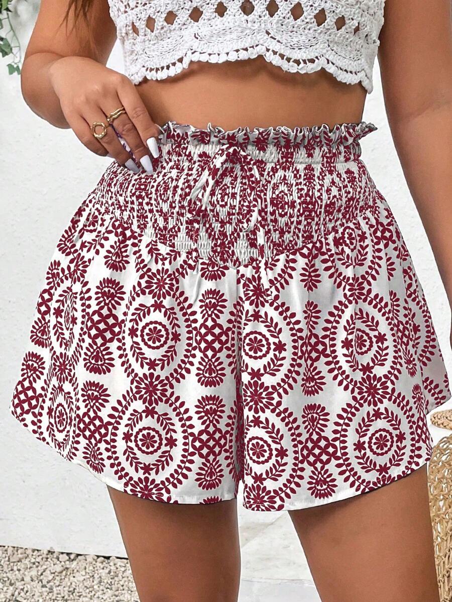 Breezaya Plus Floral Print Paperbag Waist Shorts - Burgundy - View 1