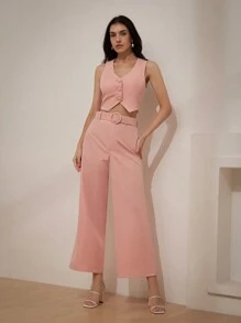 SHEIN BIZwear Chaleco rosa elegante para mujer de unicolor con cinturón ancho en la cintura, traje elegante para el estilo de oficina - Rosa - Ver 4