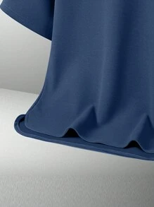 2pcs Men's Summer Solid Color Crew Neck Short Sleeve Casual T-Shirt And Drawstring Waist Shorts Set, Cozy Outfits - Navy Blue - View 3