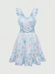 ROMWE Kawaii Vestido lindo de tirantes anchos con estampado de caricaturas y ribete de volantes en tallas grandes - Celeste - Ver 1