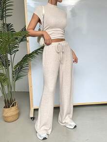 SHEIN EZwear Bộ 2 món Áo sơ mi ngắn tay và quần dài đơn giản hàng ngày dành cho nữ - Màu be - Xem 3