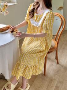 DAZY Váy ngủ kẻ caro ngọt ngào có viền nhún bèo, váy ngủ Moo Moo - Màu vàng - Xem 1