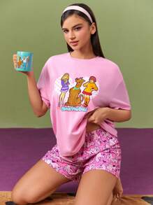 SCOOBY-DOO X SHEIN Conjunto de ropa para el hogar para mujer con camiseta de corte holgado y pantalones cortos impresos con letras de dibujos animados, para verano - Rosa - Ver 6