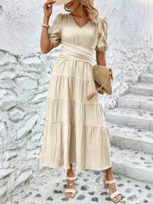 SHEIN LUNE Damska świąteczna, swobodna, jednokolorowa sukienka z rękawami latarniowymi i marszczoną talią