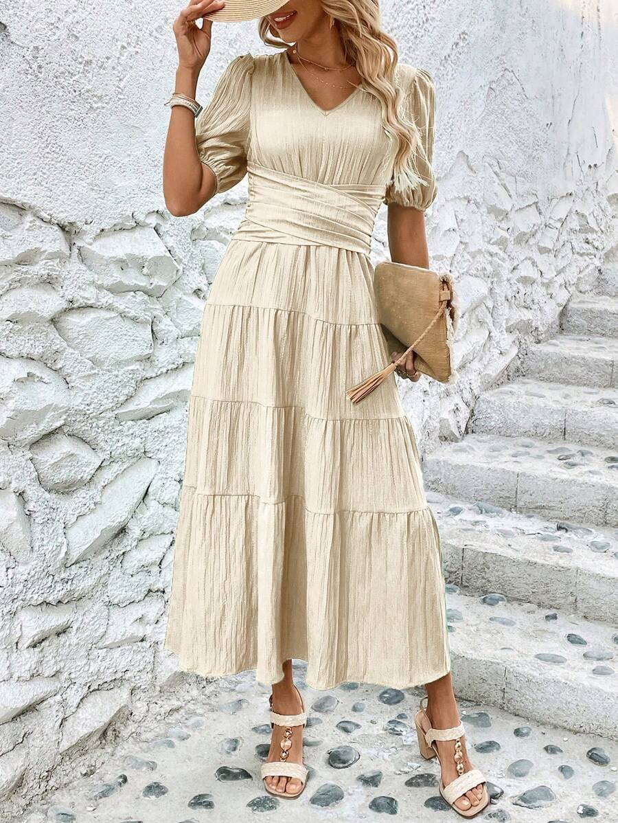 SHEIN LUNE Damska świąteczna, swobodna, jednokolorowa sukienka z rękawami latarniowymi i marszczoną talią