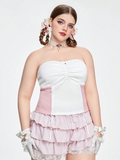 Kawaii Top de tubo con escote fruncido y dos tonos para mujeres de talla grande