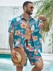 Manfinity RSRT Plus Men Tropical Print Shirt & Shorts - Green - View 4