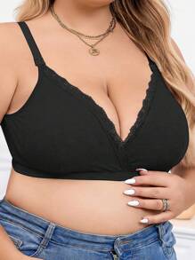 Maternity Plain Contrast Lace Wireless Bra, 1pc - Black - View 5
