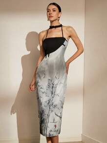 GENKIRA 單肩式旗袍風格連衣裙，帶定位印花、裝飾扣和顏色區塊設計 - 彩色 - 查看 1