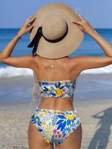 SHEIN Swim 女士夏季抹胸比基尼泳装套装，随机印花，两件套泳衣 - 彩色 - 查看 2
