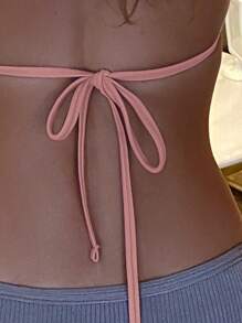 SHEIN Swim Women Solid Halter Triangle Bikini Top - Pink - View 3