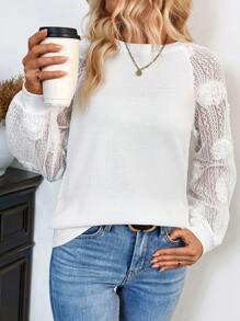 SHEIN LUNE Contrast Lace Raglan Sleeve Sweatshirt Pullover Fall Sweatshirt - White - View 6