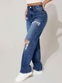 SHEIN PETITE High Waist Ripped Straight Leg Jeans For Dailywear