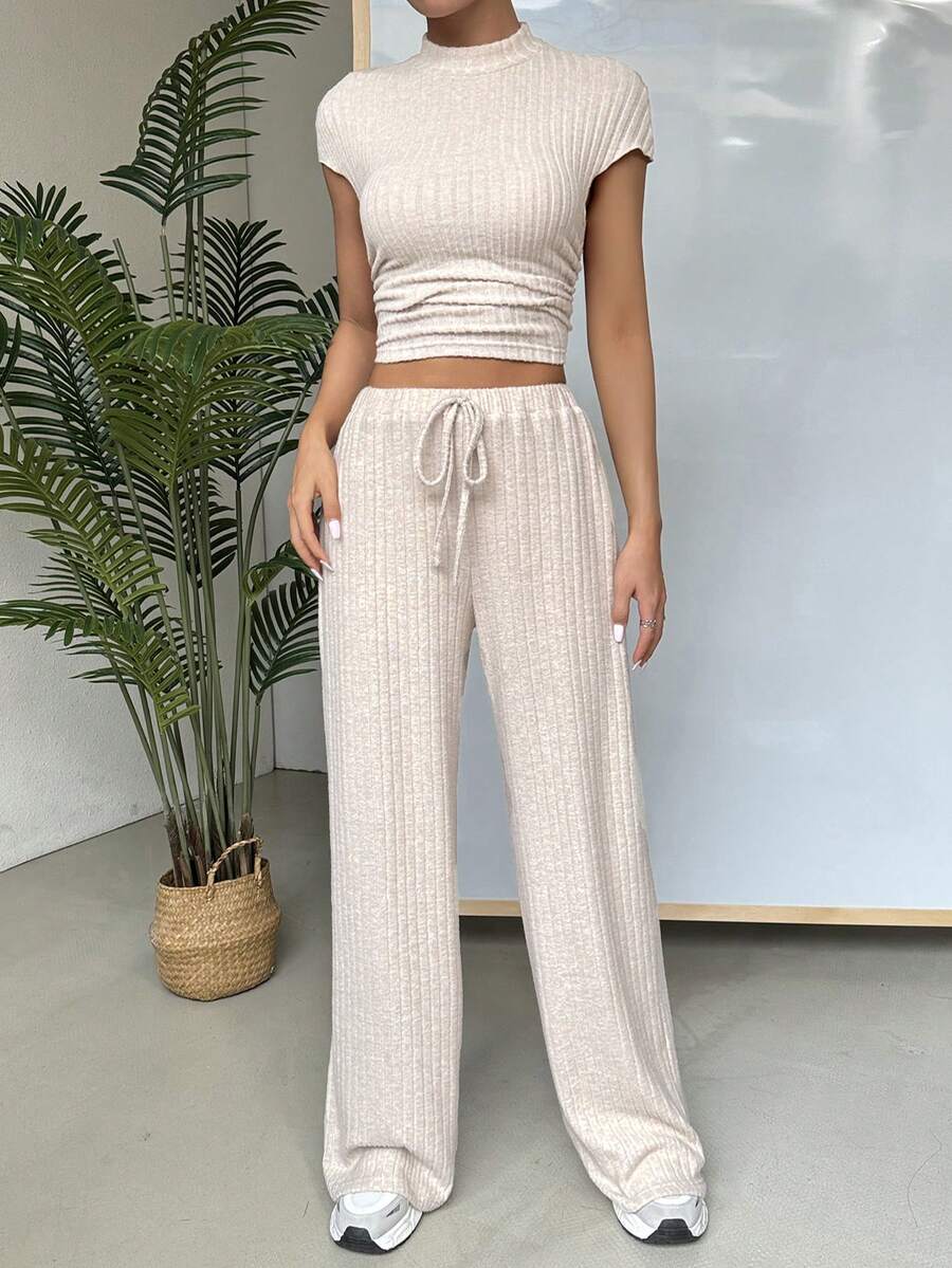 SHEIN EZwear Bộ 2 món Áo sơ mi ngắn tay và quần dài đơn giản hàng ngày dành cho nữ - Màu be - Xem 1