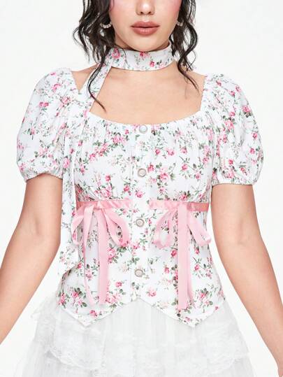 Fairycore Mignon doux t-shirt femme avec décoration d'un nœud en forme de ruban et un motif floral ditsy ditsy