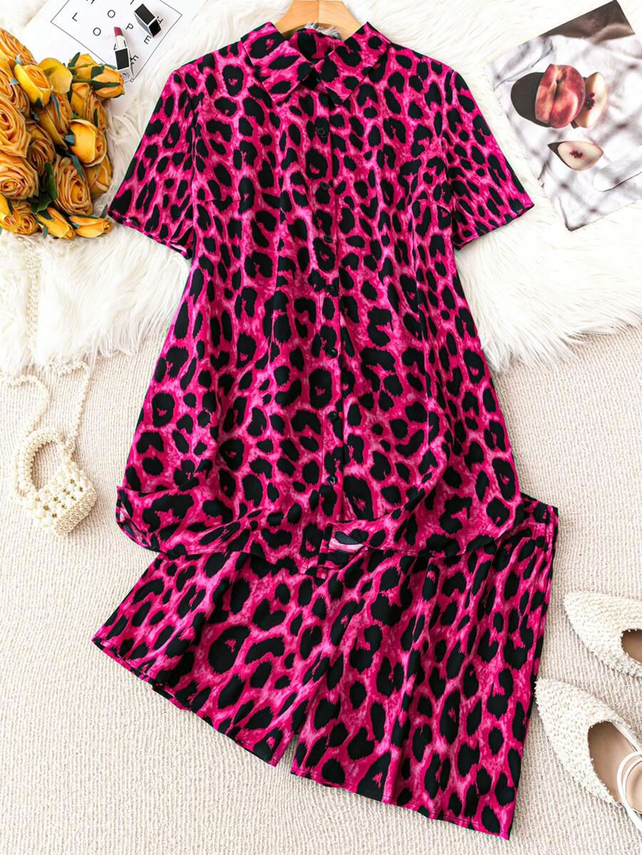 SHEIN LUNE 夏季加大碼豹紋襯衫和短褲套裝