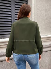 SHEIN LUNE Plus Size Green Drawstring Waist Zip Up Coat For Dailywear Fall/Fall Back To School Fall Clothes For Autumn & Winter With Pockets Winter Clothes - Army Green - View 2