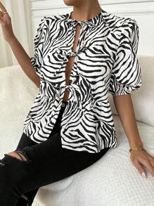 SHEIN Essnce 女式夏天打結休閒短袖上衣，前結帶，泡泡袖，洋裝式，可愛夏季上衣 - 黑與白 - 查看 6