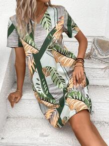 INAWLY Women's Summer Holiday Casual Plant Printed Short Sleeve Dress