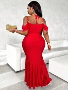 Women'S Plus Size Party Draped Collar Hollow Out Shoulder Asymmetric Fish Tail Dress