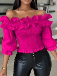 SHEIN LUNE Solid Color Ruffle Decor Off-Shoulder Cropped Top For Women - Hot Pink - View 3