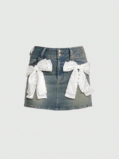 Fairycore Women's Summer Fashion Denim Skirt Decorated With Rhinestone Bowknot