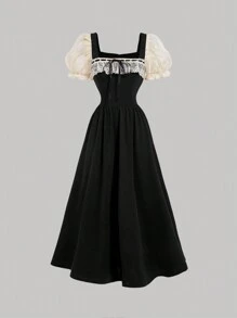 SHEIN MOD Đen Và Mai Cung Điện Phối Ren Vintage Nơ Tay Phồng Áo Dài, Buổi Hòa Nhạc, Bữa Tiệc Nửa Buổi, Đám Cưới/Cô Dâu Tắm - màu đen - Xem 1