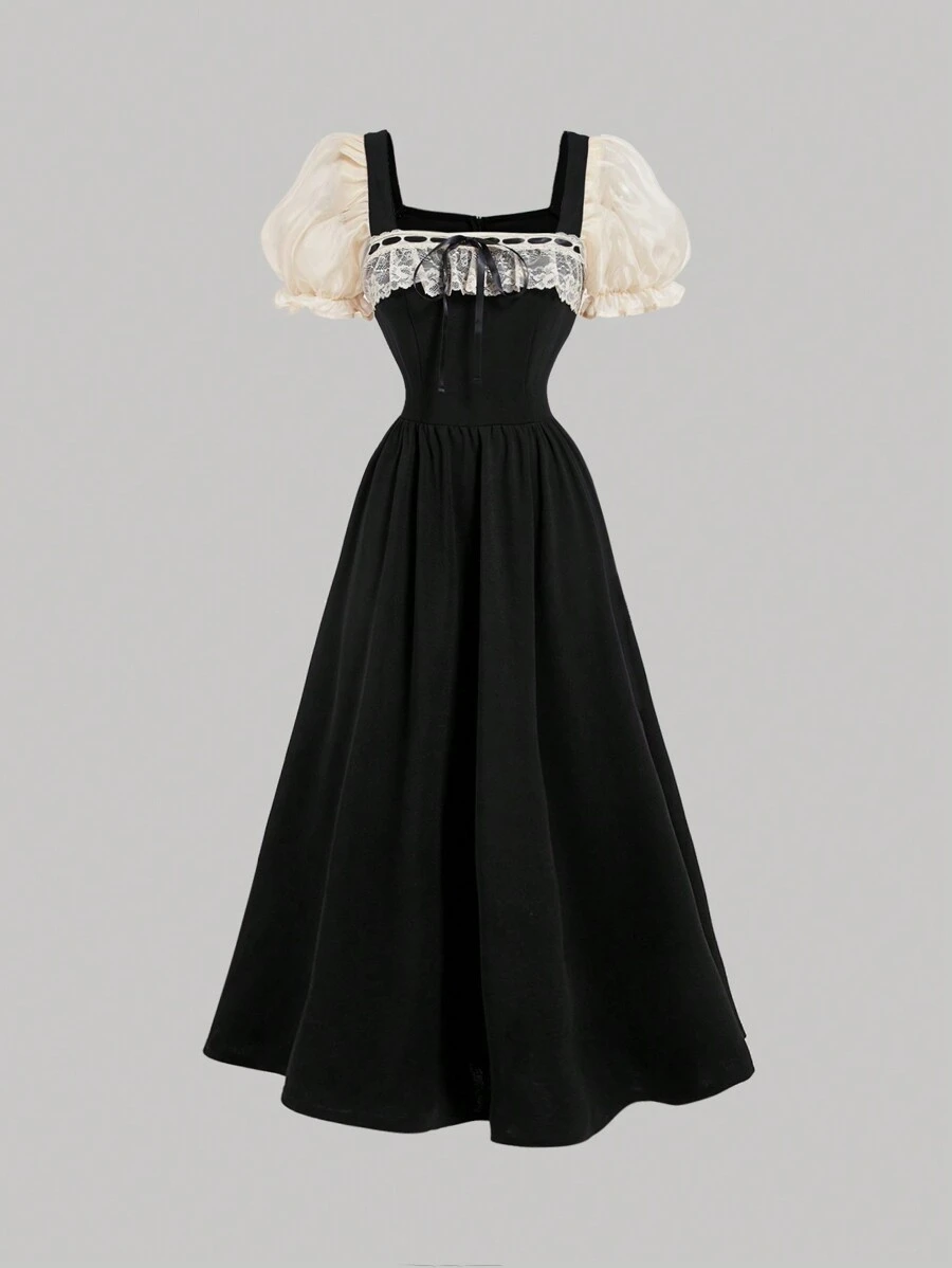 SHEIN MOD Đen Và Mai Cung Điện Phối Ren Vintage Nơ Tay Phồng Áo Dài, Buổi Hòa Nhạc, Bữa Tiệc Nửa Buổi, Đám Cưới/Cô Dâu Tắm - màu đen - Xem 1