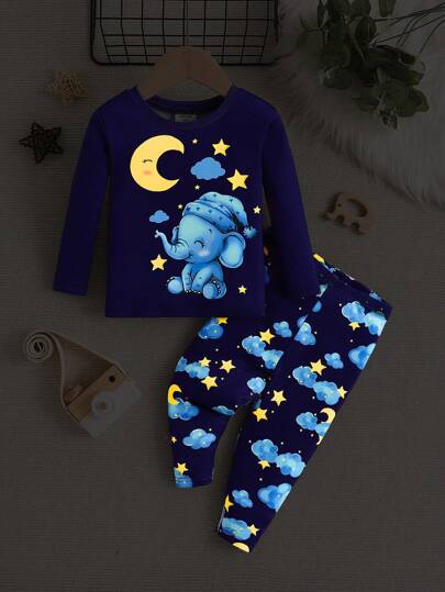 Conjunto de pijama de manga larga para bebé niño, 2 piezas ajustadas y cómodas con patrón de elefante y luna tejido y piel suave al tacto