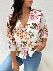 SHEIN Frenchy كارديجان أساسي ذو تركيبة مناسبة وبطباعة مصنوع من القماش المحبوك مقاسات كبيرة - متعدد الألوان - مشاهدة 3