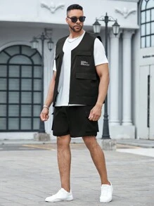 Manfinity Homme Chaleco con gráfico de letras y bolsillo con solapa para tallas grandes