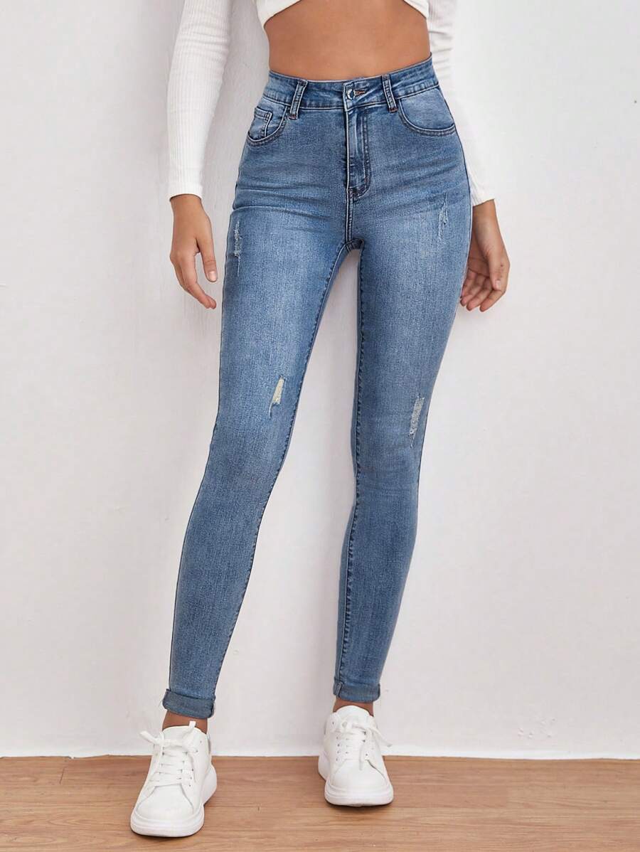 EMERY ROSE Women's Casual & Versatile Skinny Jeans With Ripped Pockets Winter - Blue - View 1