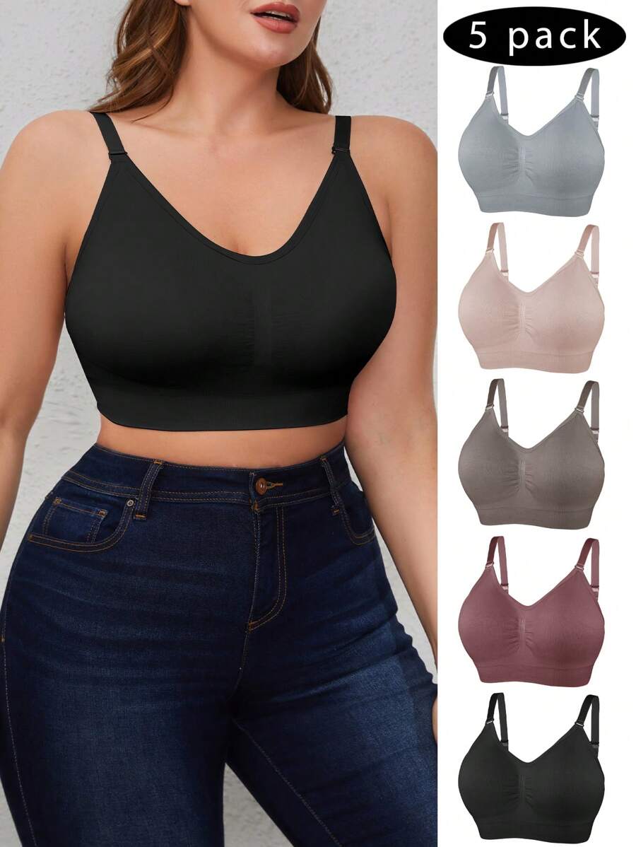 5pcs/Set Plus Size Solid Color Simple Wirefree Bra