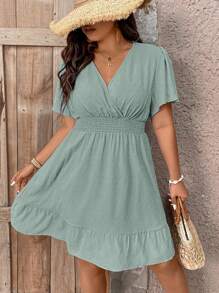 SHEIN Plus Swiss Dot Butterfly Sleeve Ruffle Hem Dress For Summer Vacation - Mint Green - View 6