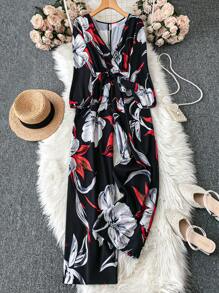 SHEIN LUNE Plus Floral Print Belted Jumpsuit - Black - View 1