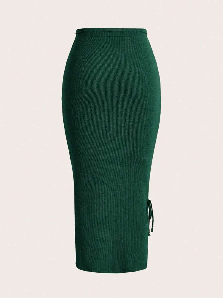 SHEIN Franclia Chân váy midi xẻ cao, thắt eo, màu trơn dành cho nữ - Màu xanh lá cây đậm - Xem 3