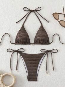 Set Bikini Seksi Wanita Musim Panas untuk Pantai, Warna Polos, Model Halter Neck dengan Tali Pengikat - MultiWarna - View 5