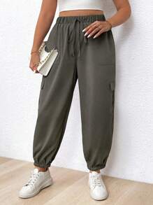 Calvaya Plus Size Casual Solid Color Jogger Cargo Pants - Grey - View 4