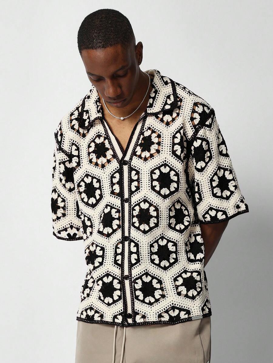 SUMWON Button Through Crochet Knit Shirt - Multicolor - View 1