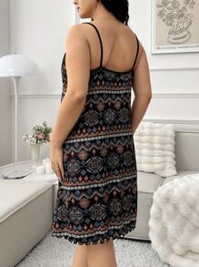 Plus Size  Printed Casual Summer Sleepwear Cami Pajama Dress - Black - View 2