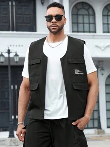 Manfinity Homme Chaleco con gráfico de letras y bolsillo con solapa para tallas grandes
