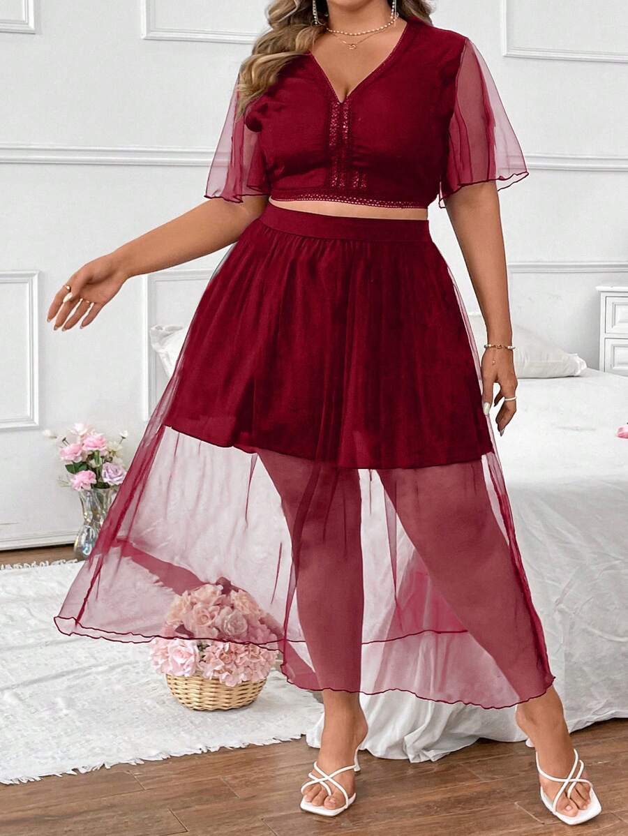 SHEIN Clasi 夏季加對比網眼短上衣和裙子組合 - 紅色 - 查看 1