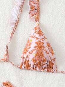 SHEIN Swim Conjunto de bikini sexy con estampado floral y volante para mujer para playa de verano, impresión aleatoria