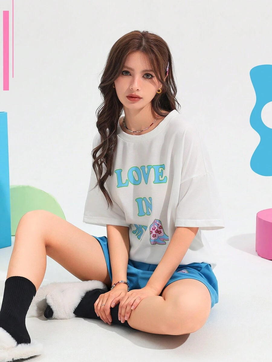 Letter Graphic Drop Shoulder Tee & Shorts PJ Set / Pajama Set - Multicolor - View 1