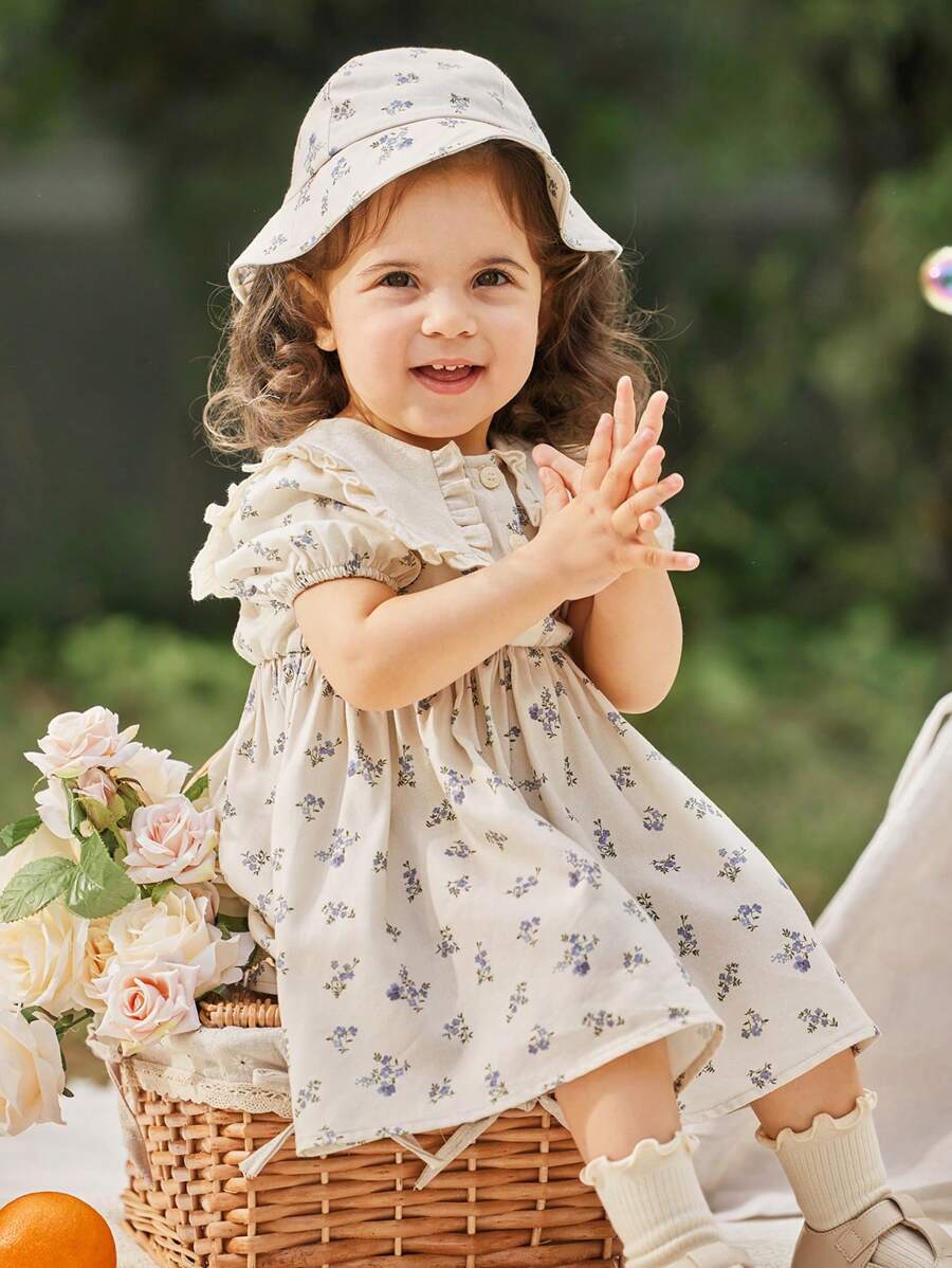 Cozy Pixies Baby Girl Short Sleeve Floral Pattern Dress With Ruffle Hem And Hat Set - Apricot - View 1