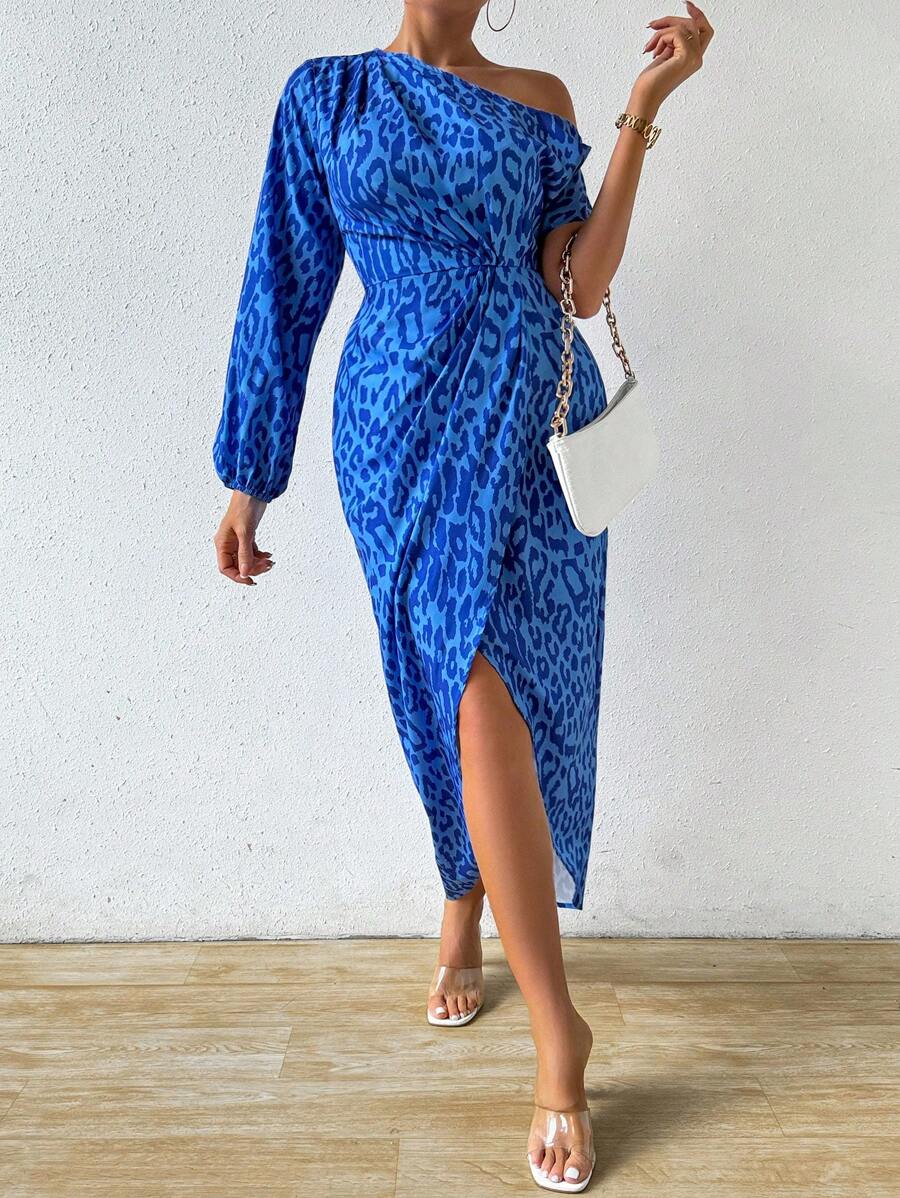 Chiquease 豹紋不對稱領包裹式下擺連衣裙 - 藍色 - 查看 1