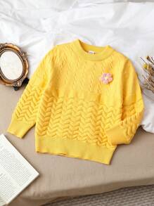 Young Girl 3D Floral Texture Cute & Personalized Sweater For Autumn And Winter, Girls Knit Sweater, Yellow Baby Sweater, Toddler Girl Sweater