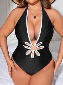 Plus Size Contrast Binding Cut Out Halter One Piece Swimsuit Black One Piece Bathing Suit Summer - Black and White - View 5